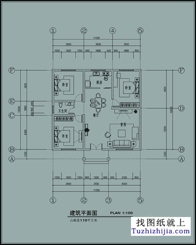 110平方米新农村一层别墅设计图,11x10米8万