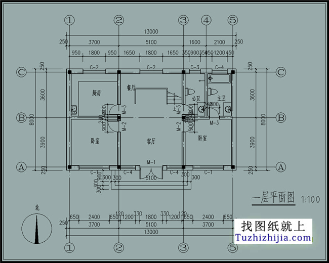 104平方米农村一层房屋CAD设计施工图,13X8米