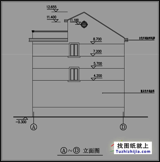 建筑层数:四层(三层半); 建筑占地面积:9.55m*11.24m=100平方米; 【图纸尺寸可根据实际情况修改】 建筑面积:300平方米 造价预算:21万 建筑高度:12.6米(含屋顶)坡屋顶; 建筑结构:砖混结构; 设计功能: 一层:车库、客厅、卫生间、厨房、餐厅、储藏; 二层:主卧室、卫生间、棋牌室、卧室、卫生间、书房、起居室; 三层:主卧室、卫生间、棋牌室、卧室、卫生间、书房、起居室; 阁楼层:阁楼、卫生间; 图纸目录:一层平面图、二层平面图、三层平面图、屋顶平面图、东立面图、西立面图、南立面图、