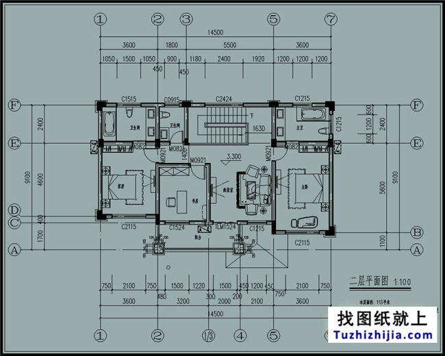 127平方米欧式实用型自建二层别墅设计CAD图纸14.74米*9.34米