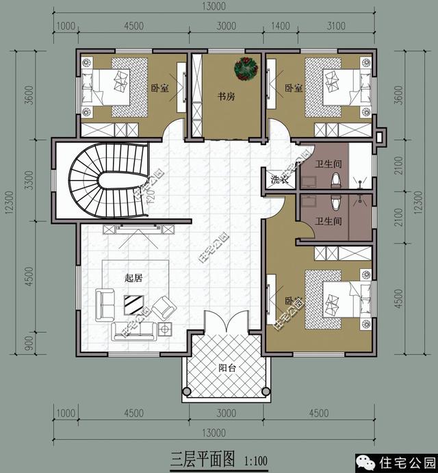 13X12米对称式别墅，旋转楼梯老虎窗、8卧室