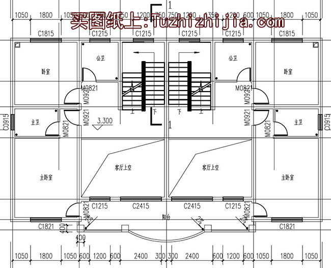 二层复式双拼别墅设计图（客厅中空），含外观效果图