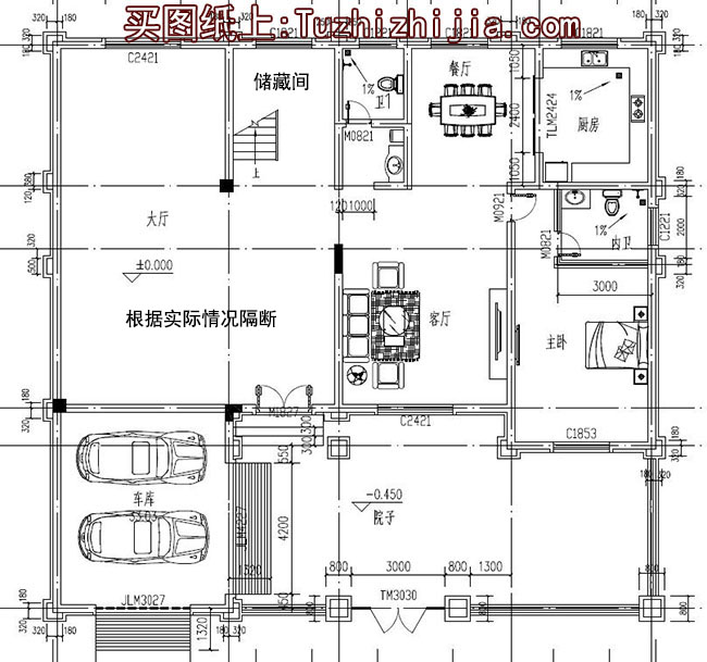 带院子的四间二层别墅房屋设计图,带独立车库_二层别墅设计图_图纸之