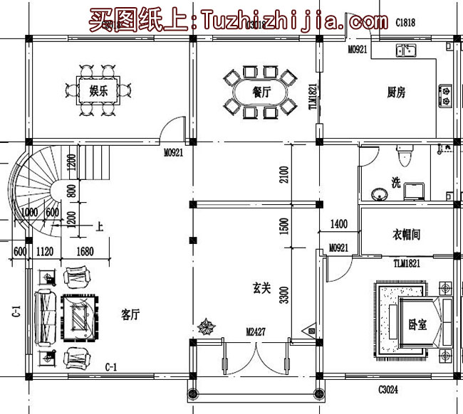 复式三层双拼别墅设计图,客厅中空,旋转楼梯