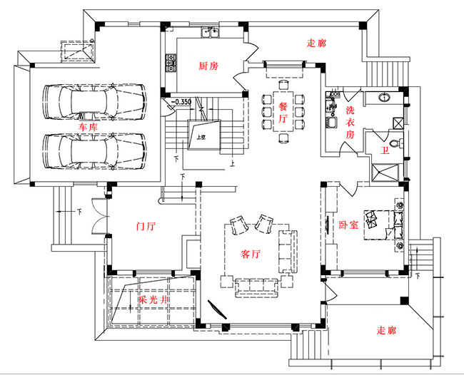 美式田园二层别墅设计方案图，全套设计图+效果图