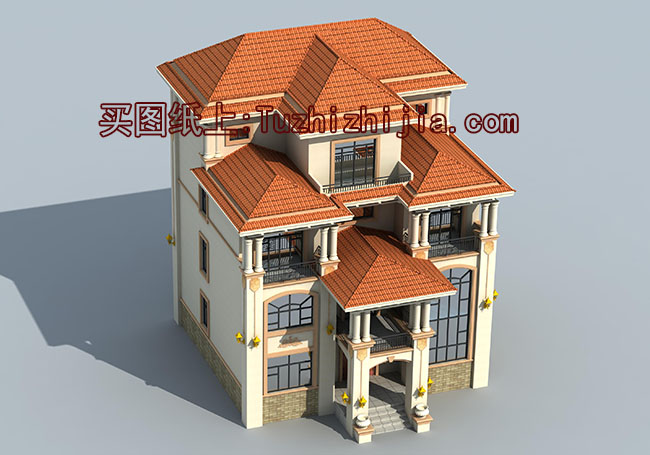 简欧复式四层别墅房屋设计图，外观图高端、大气