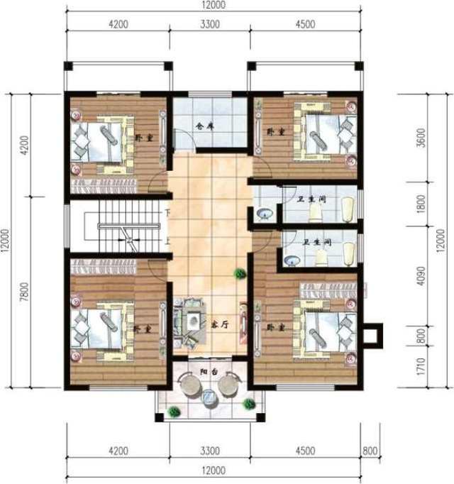 12x12米方正三层自建楼房设计图，你喜欢方方正正的吗