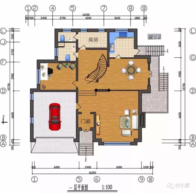 16x16m二层欧式小别墅方案图，大落地窗+挑空客厅