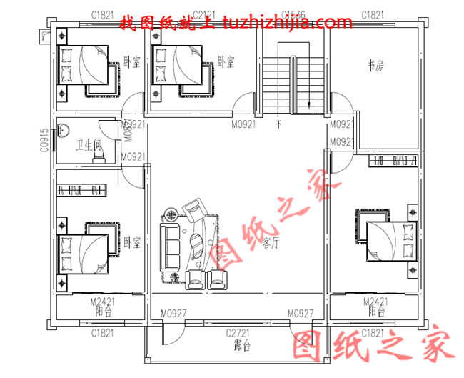 农村二层小楼的设计图纸,整体外观凹凸有致,红色的坡面屋顶