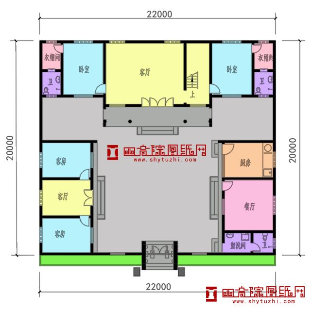 22米×20米二层三合院设计方案,前低后高,错落有致