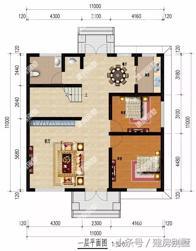 复式客厅中空11×11米二层别墅户型图，主体造价20万足矣