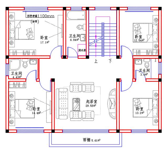 120㎡2厅8室7卫三层新农村自建房全套施工图，房间多