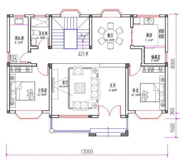 13×8米2厅5室带套间托斯卡纳风格二层别墅方案图