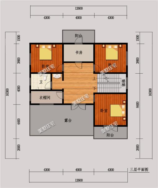 12X16米三层农村房屋施工图，车库+超大露台