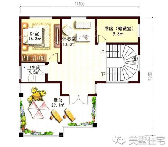 11x11米欧式三层小别墅户型图，3种外观配色，各有千秋