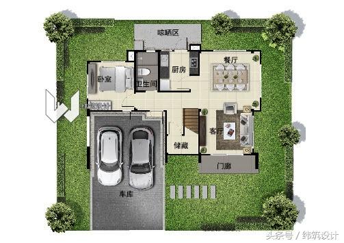 3款超现代的二层小别墅外观图，附户型图，都是开放式车库