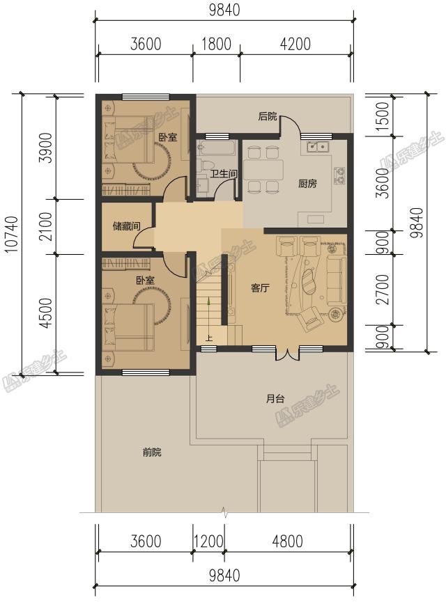 10米开间，客厅侧布置一跑楼梯平面设计，五套方案供您选择