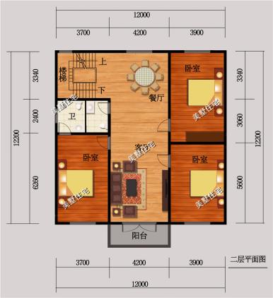 三层别墅图，12x12米，6室2厅简欧风，方正的户型和简约的外观。