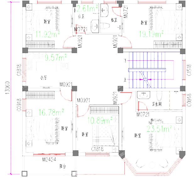 四层农村别墅设计图，12×13米，4厅10室带挑空客厅+老人房+套房。