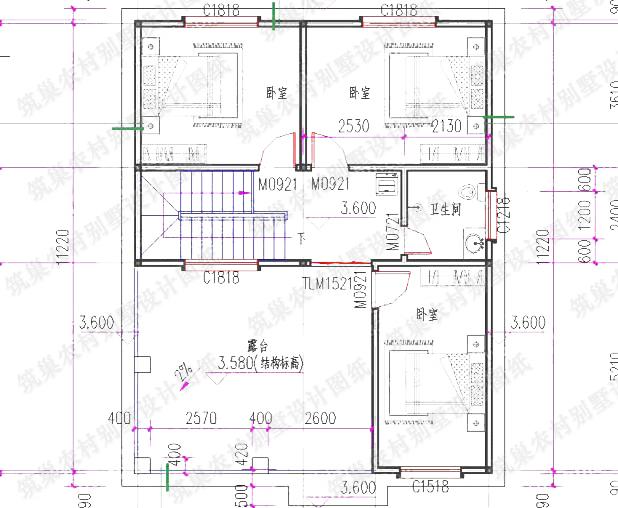 实用型二层平屋顶简单农村自建房全套设计图纸，100平方米1厅5卧，施工简单，户型简约