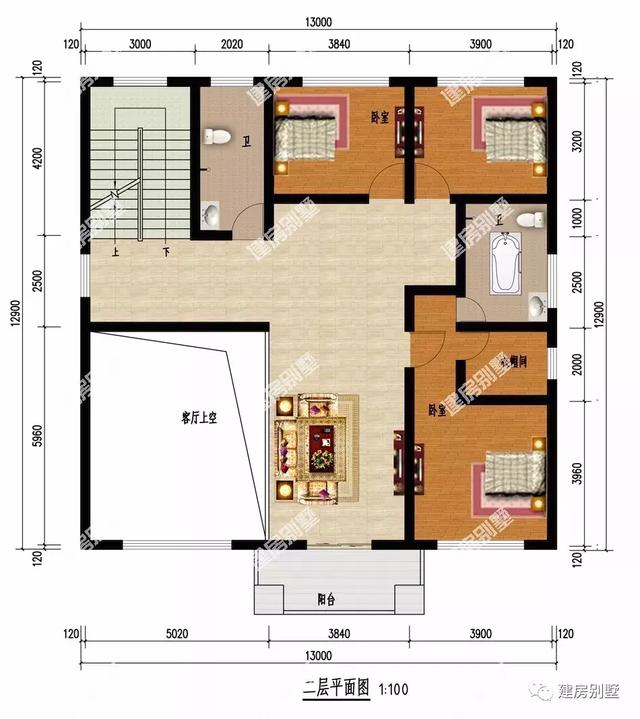 13×12.9米三层农村别墅设计图，双凉亭搭配露台，外观豪华大气