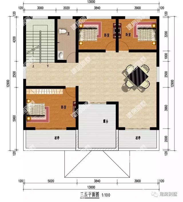 13×12.9米三层农村别墅设计图，双凉亭搭配露台，外观豪华大气