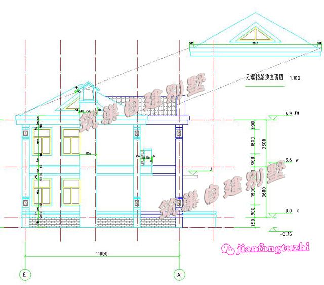 总面积450平方米22x11米二层农村兄弟双拼房别墅设计图效果图