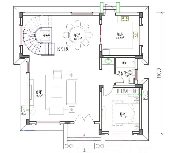 11×11米30万4厅5卧三层带挑空客厅+旋转楼梯农村别墅设计图