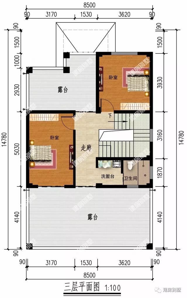 8.5×14.8米三层农村别墅设计图，宅基地面宽小，设计合理。