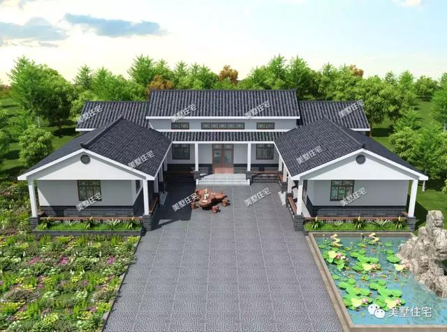 一款新中式风格三合院设计图，带堂屋和土灶，中国人住有中国味的别墅