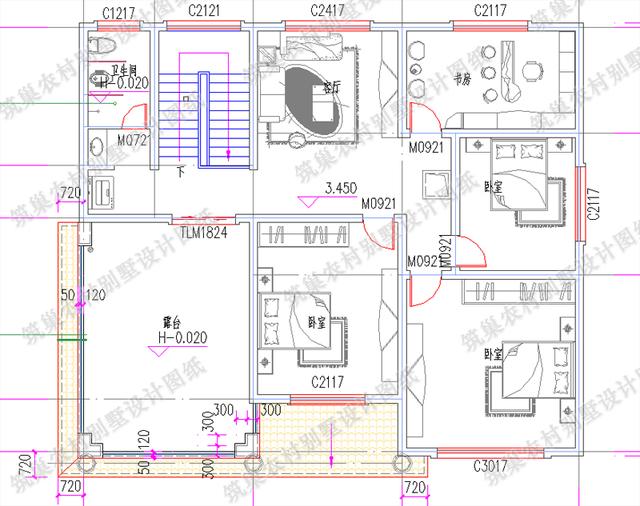 14×12米25万4厅5卧二层中式风格自建别墅施工效果图