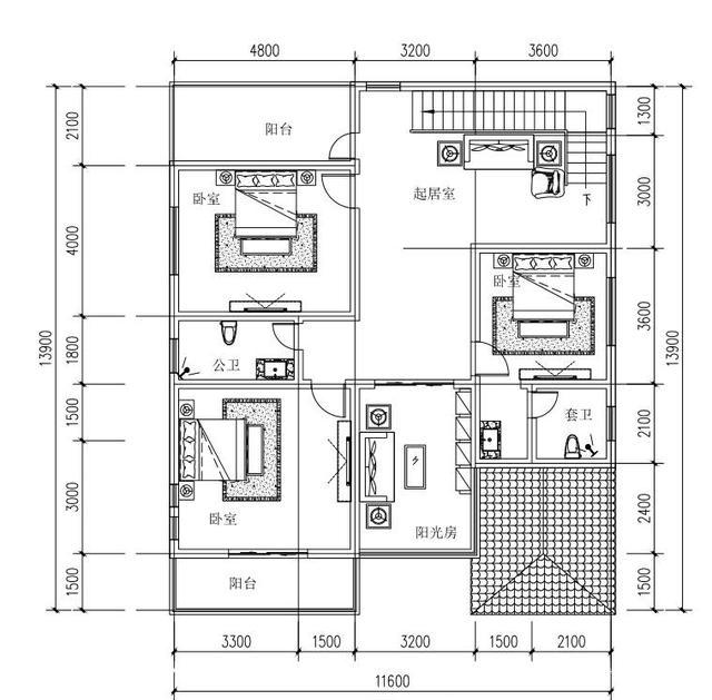26万11.6×13.9米3厅5卧二层带阳光房农村自建别墅设计图