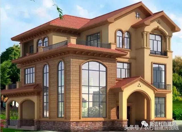 450平的复式三层豪华别墅设计图，落地窗+大露台，建套好房子能住一百年