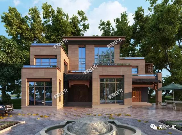 平屋顶新中式别墅图，一种风格，两种设计，好房子就是受欢迎