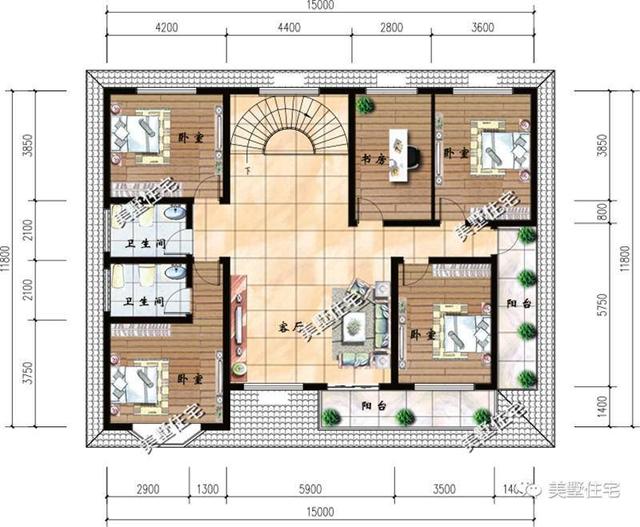 一层平面图:2卧室和卫生间,洗衣房相近,厨房,餐厅,客厅相近.