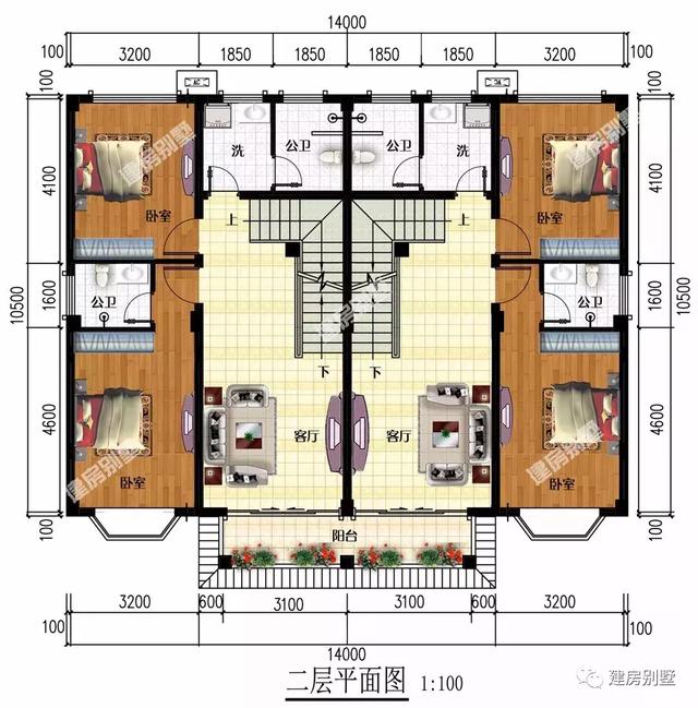 14×10.5米三层双拼别墅设计图，平屋顶+飘窗，主体50万
