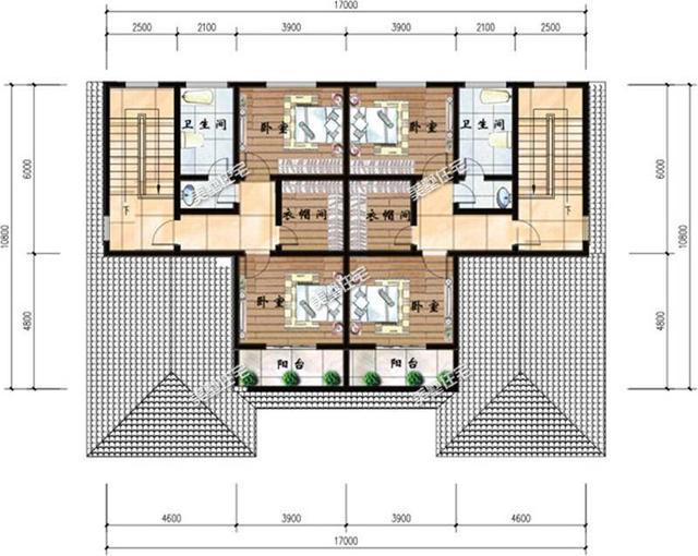 农村三层双拼别墅设计图，开间17米，豪华大气上档次，家有两兄弟的首选！