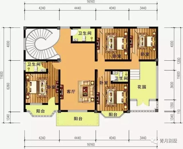 二层小别墅设计图，16.2米×11.6米，这款户型功能设计完善，非常符合住户需求