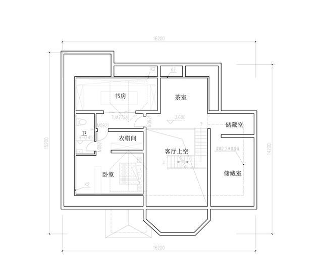 一层带阁楼层农村房屋设计图，开间进深16.2米×15.2米，造价30万以内
