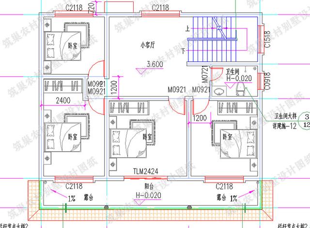25万简单二层平屋顶12×9米农村别墅全套CAD施工效果图