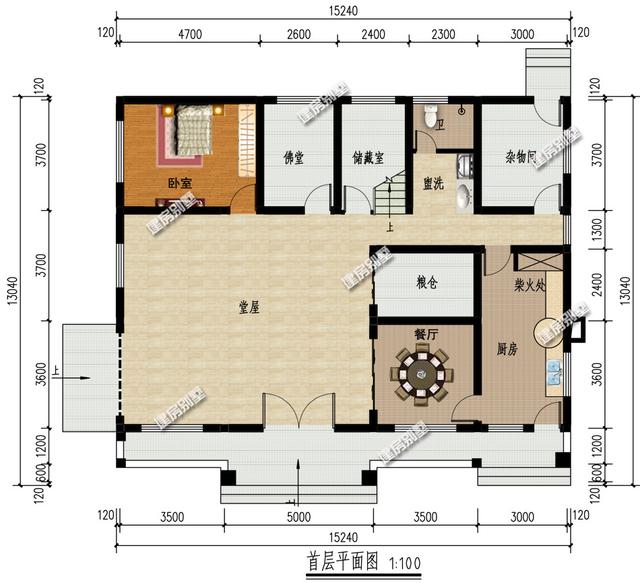 04米二层别墅设计图,带特大堂屋 独立佛堂 土灶厨房,布局合理实用.