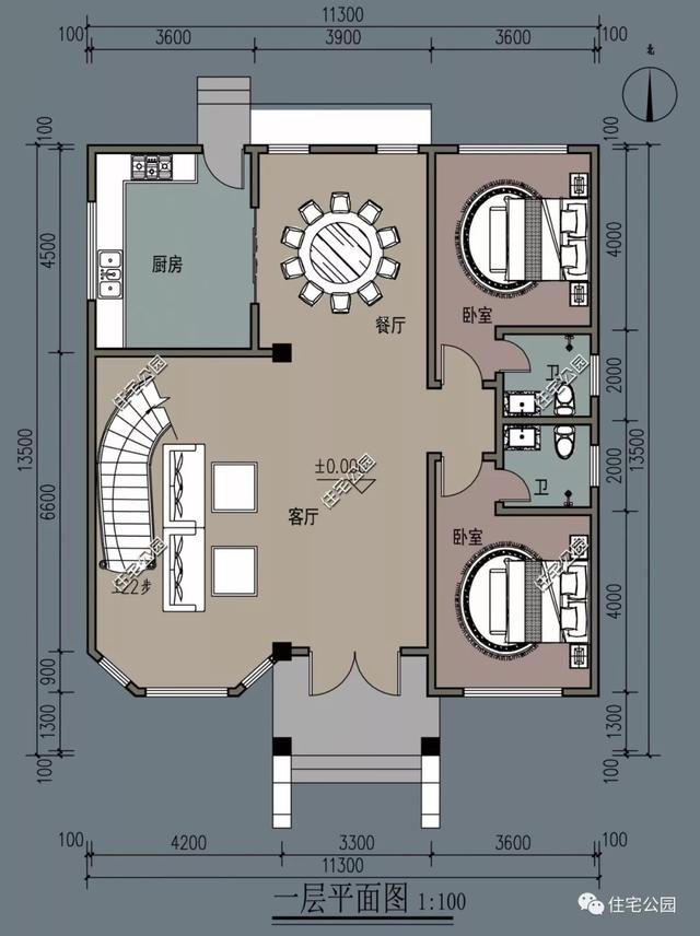 11×13米三层经典欧式别墅设计图，带挑空客厅和大露台。