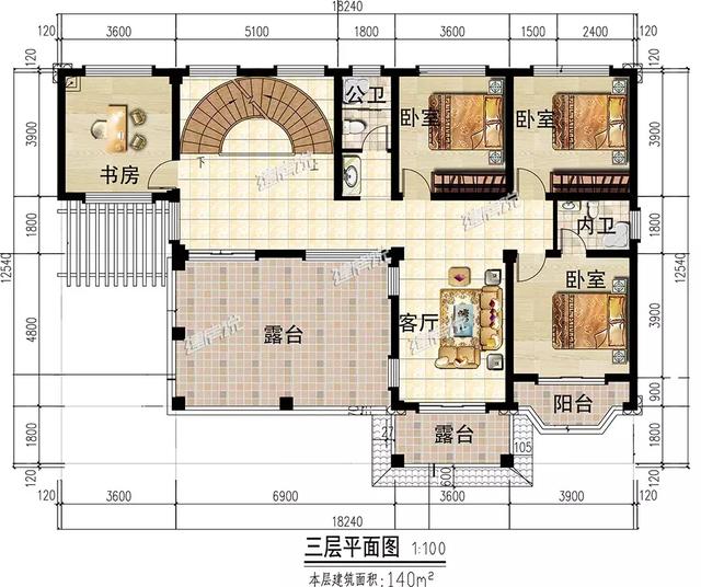 18×12米三层半经典欧式别墅设计图，带书房+大露台，都只是标配。