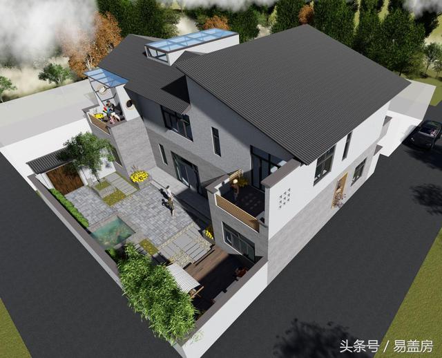 17.9m×12.2m二层新中式别墅设计图，带楼梯天井+4大露台，造价48万。