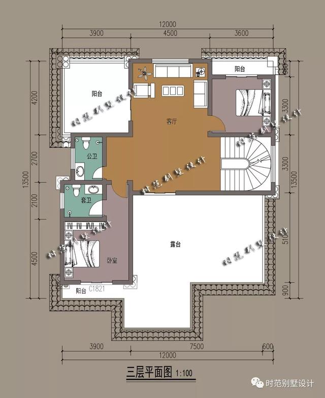 12x13米三层欧式复式别墅，挑空客厅多阳台，7室4厅适合农村生活