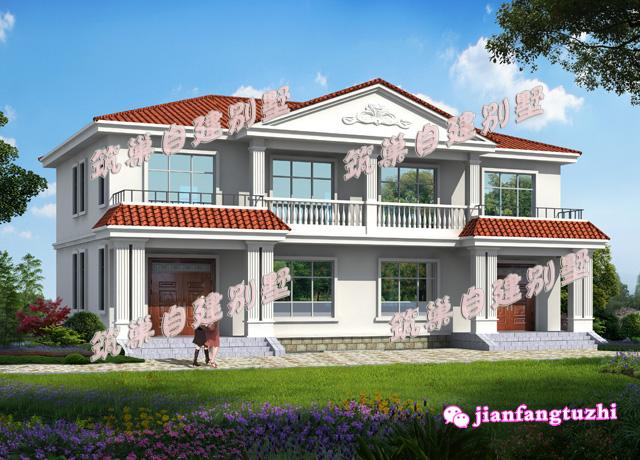 二层双拼别墅设计高清效果图全套施工图纸，四间卧室，带露台和阳台