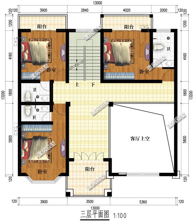 13x13.2米带架空层四层别墅设计图，客厅挑空，十分大气