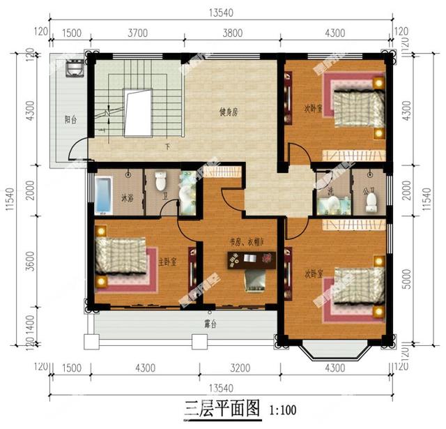 三层别墅设计图，内设健身房、开放式厨房，还有飘窗、旋转楼梯。
