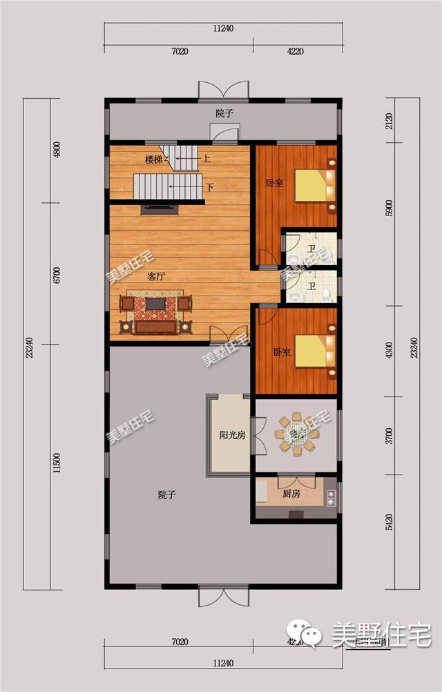 小宅基地中式合院设计图，10x21小别墅，4室1厅带车库。