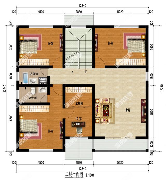 砖混结构三层别墅设计图，12.8X12.2米，外观清爽，布局舒服